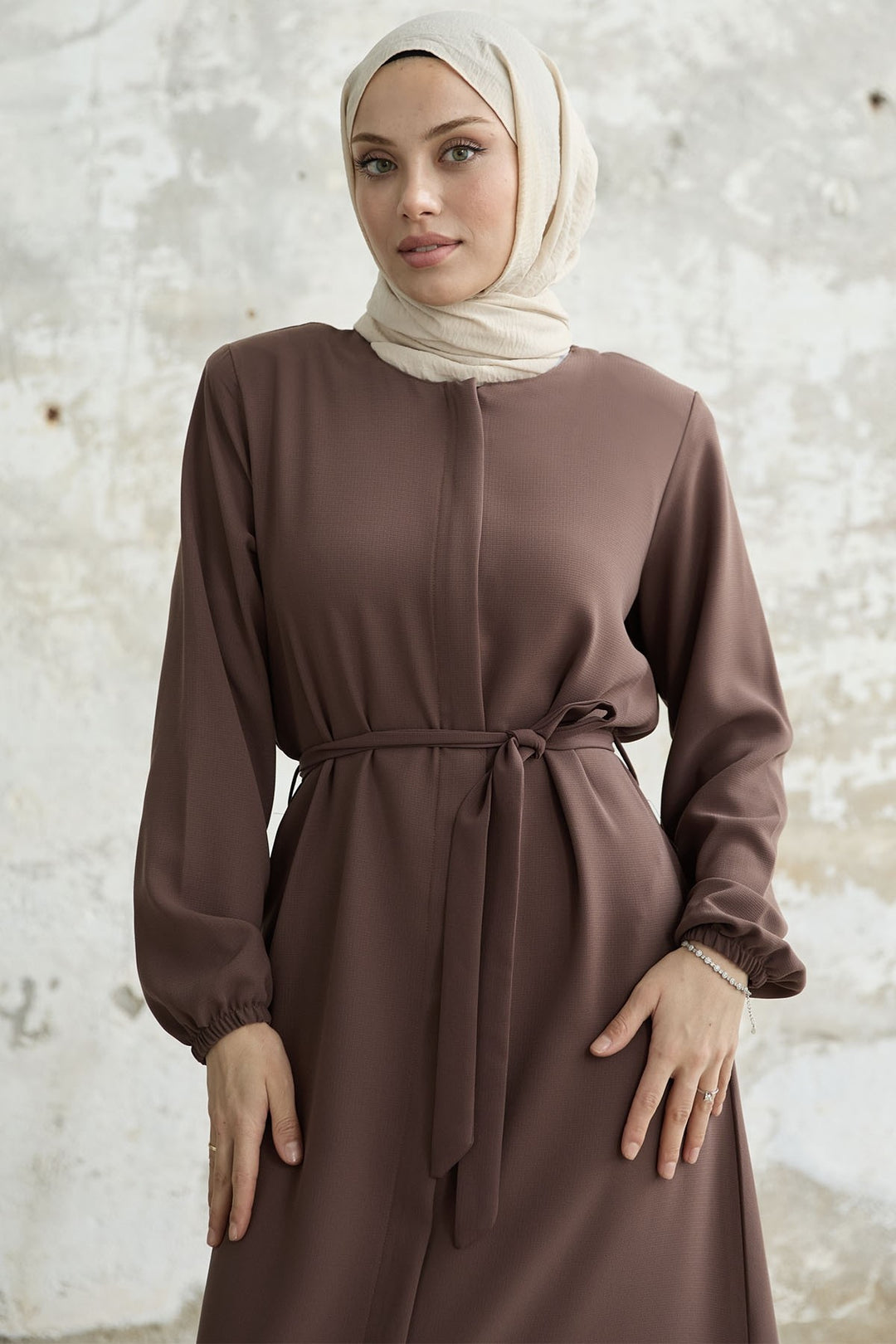 MDS Women Belted Honeycomb Fabric Abaya - Brown - Grenoble