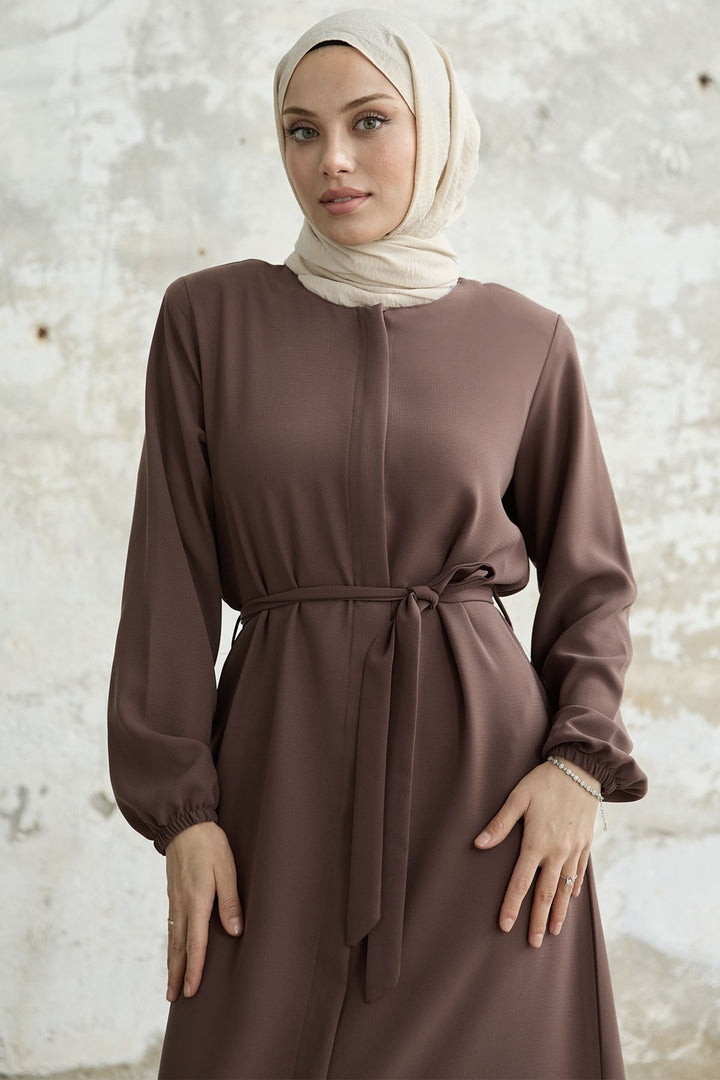 MDS Women Belted Honeycomb Fabric Abaya - Brown - Grenoble