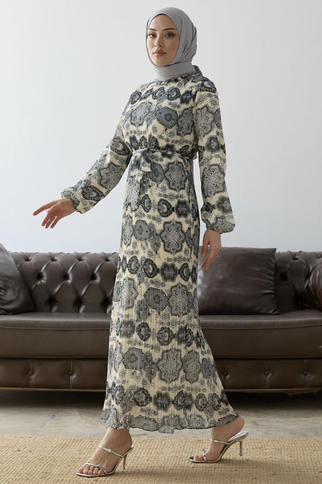 MDS Women Pleated Shawl Pattern Chiffon Dress - Gray - Gjilan