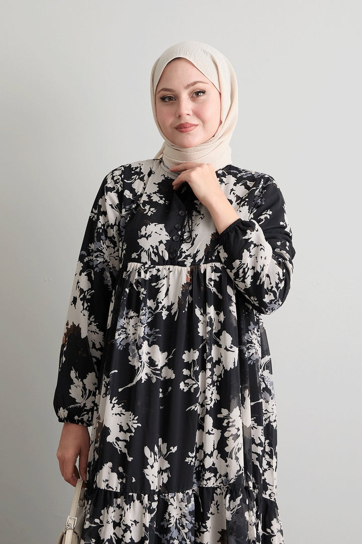MDS Women Black Chiffon Dress with Leaf Pattern and Tassels at the Front - Schagen