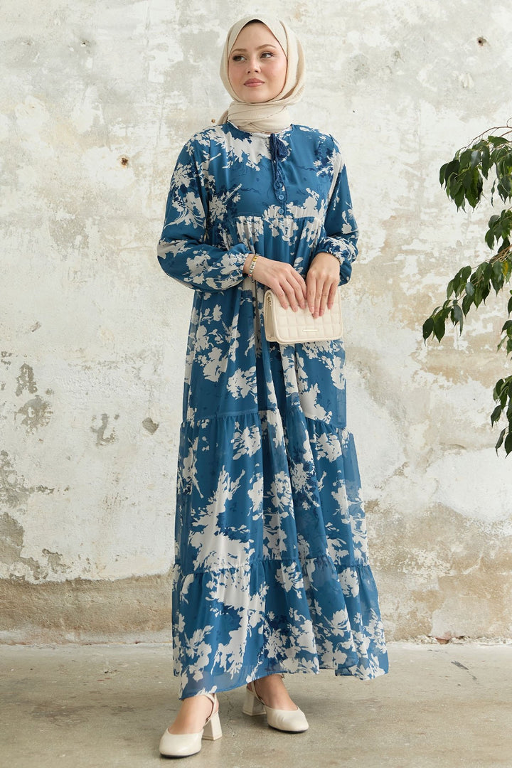 MDS Women Blue Chiffon Dress with Leaf Pattern and Frills at the Front - Burien