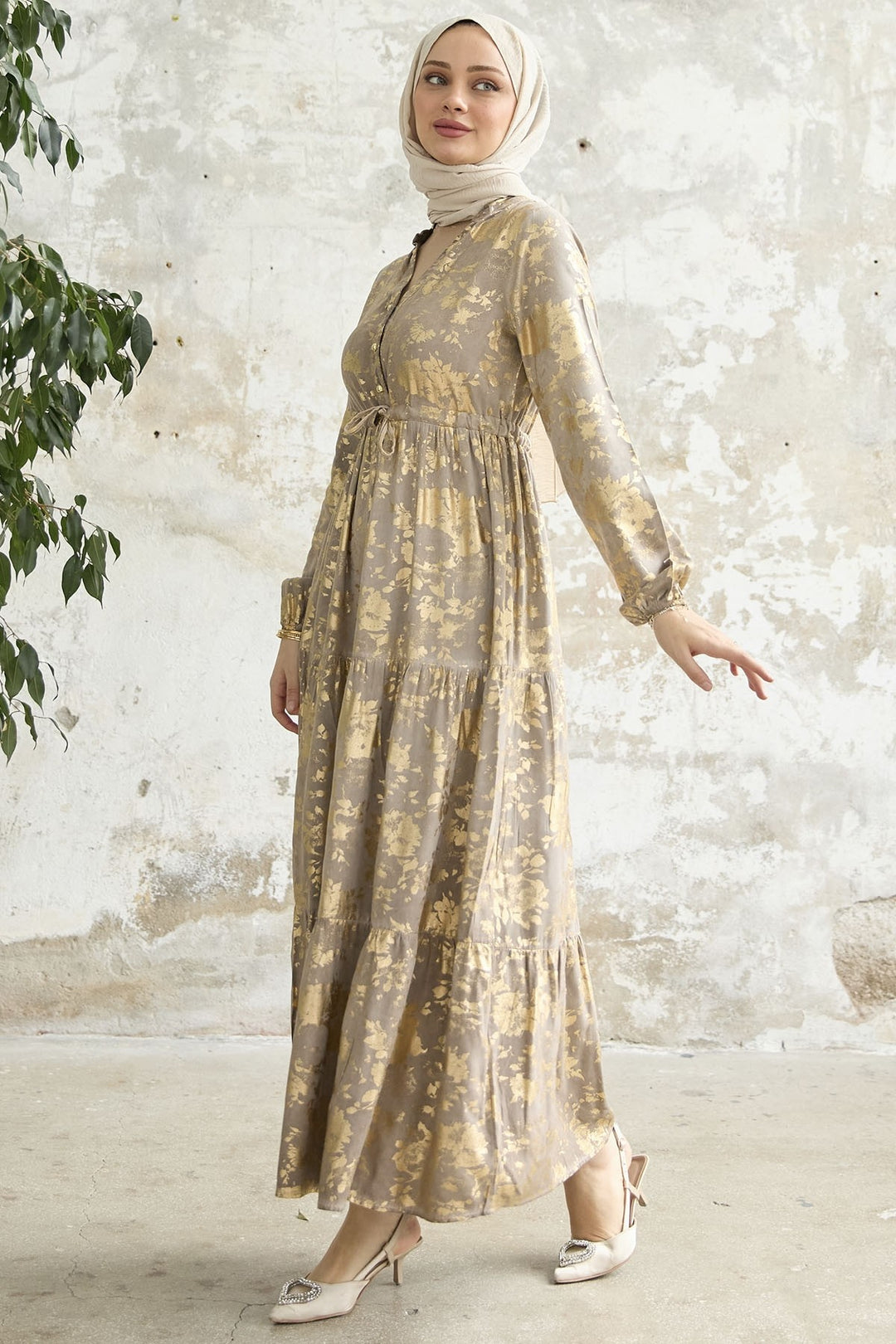 MDS Women Gold Leaf Patterned Dress - Beige - Berwyn