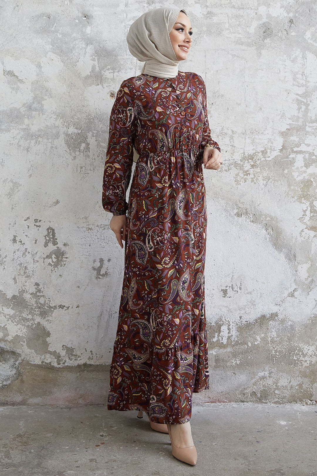 MDS Women Scarf Pattern Woven Dress - Brown - Vélez-Málaga