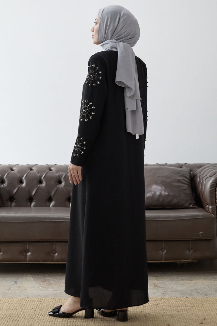 MDS Women Sleeves Pearl Stone Detail Abaya - Black - Ayr