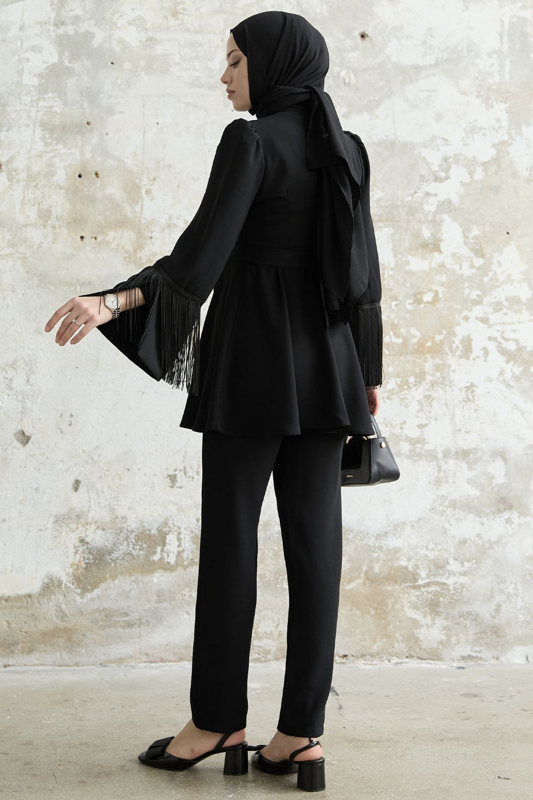 MDS Women Tasseled Sleeve Stone Crepe Set - Black - Martínez de la Torre