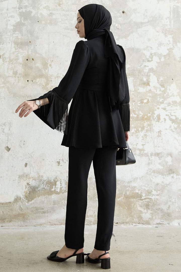 MDS Women Tasseled Sleeve Stone Crepe Set - Black - Martínez de la Torre