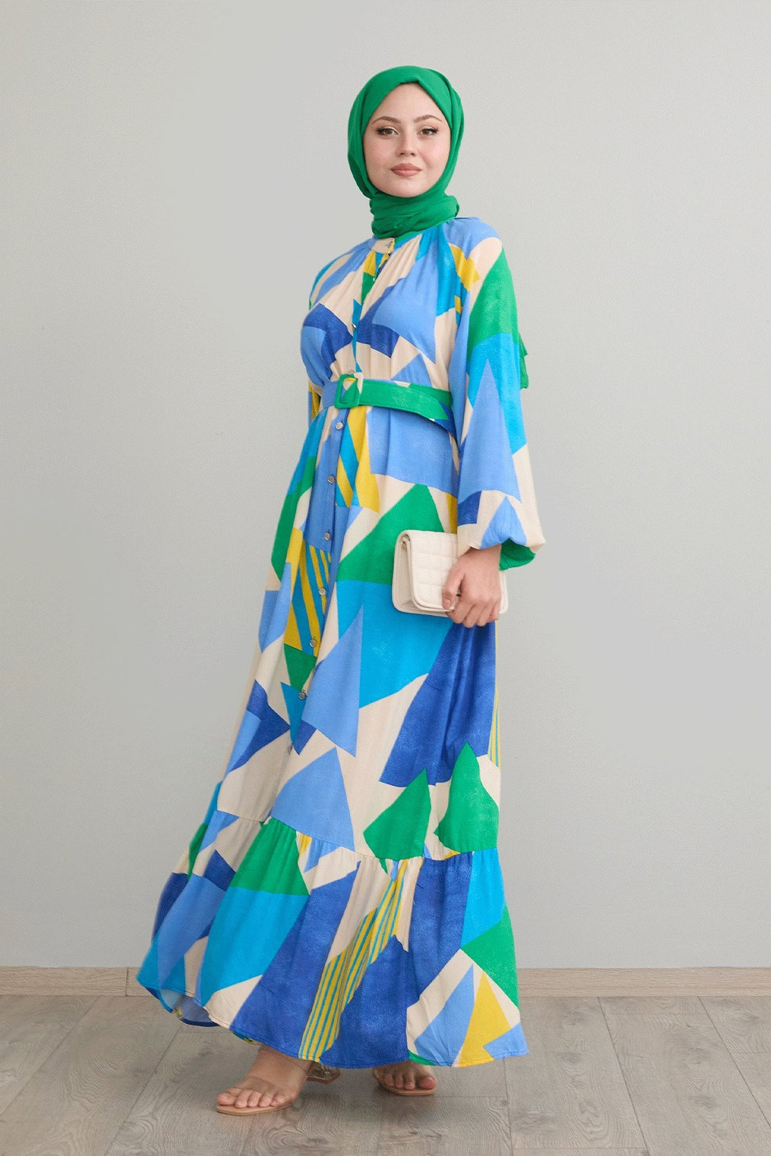 MDS Women Geometric Patterned Belted Blue Viscose Dress - Columbus
