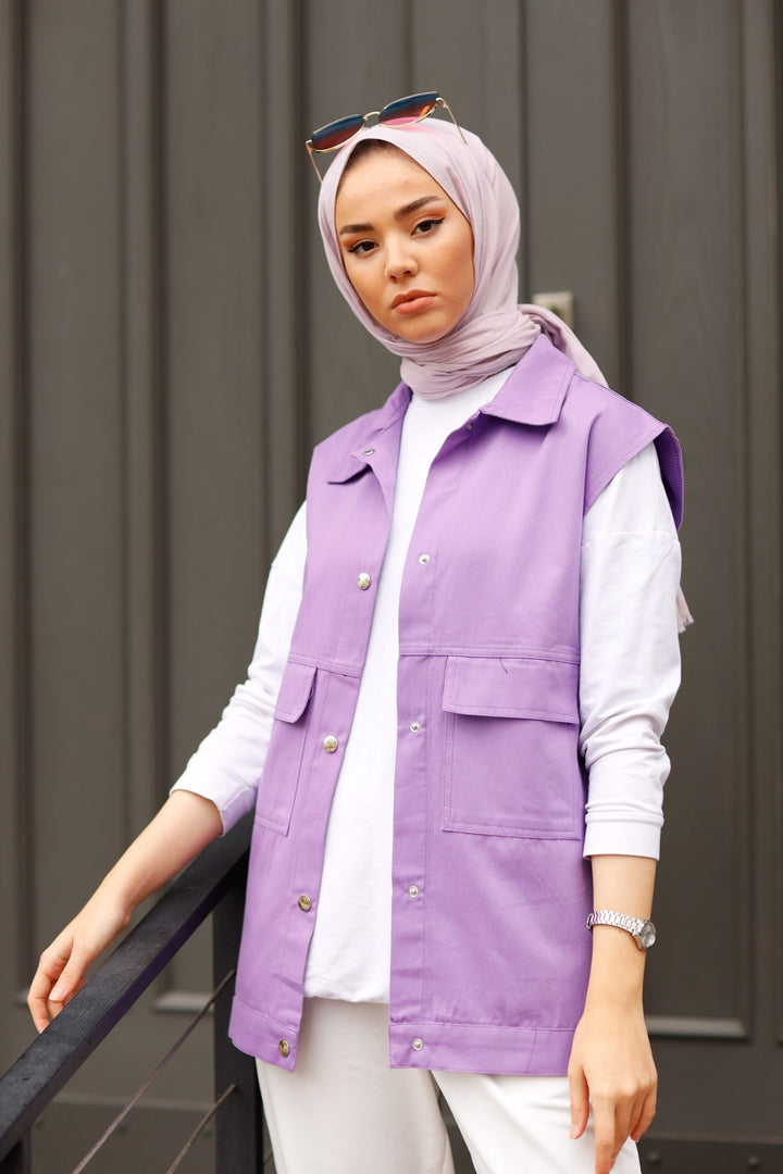 MDS Women Cover Pocket Gabardine Vest - Lilac - Rieti