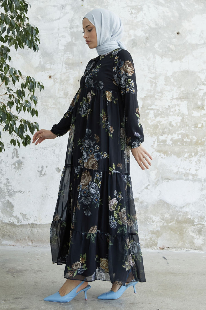 MDS Women Lace-Up Floral Chiffon Dress - Black - Towson