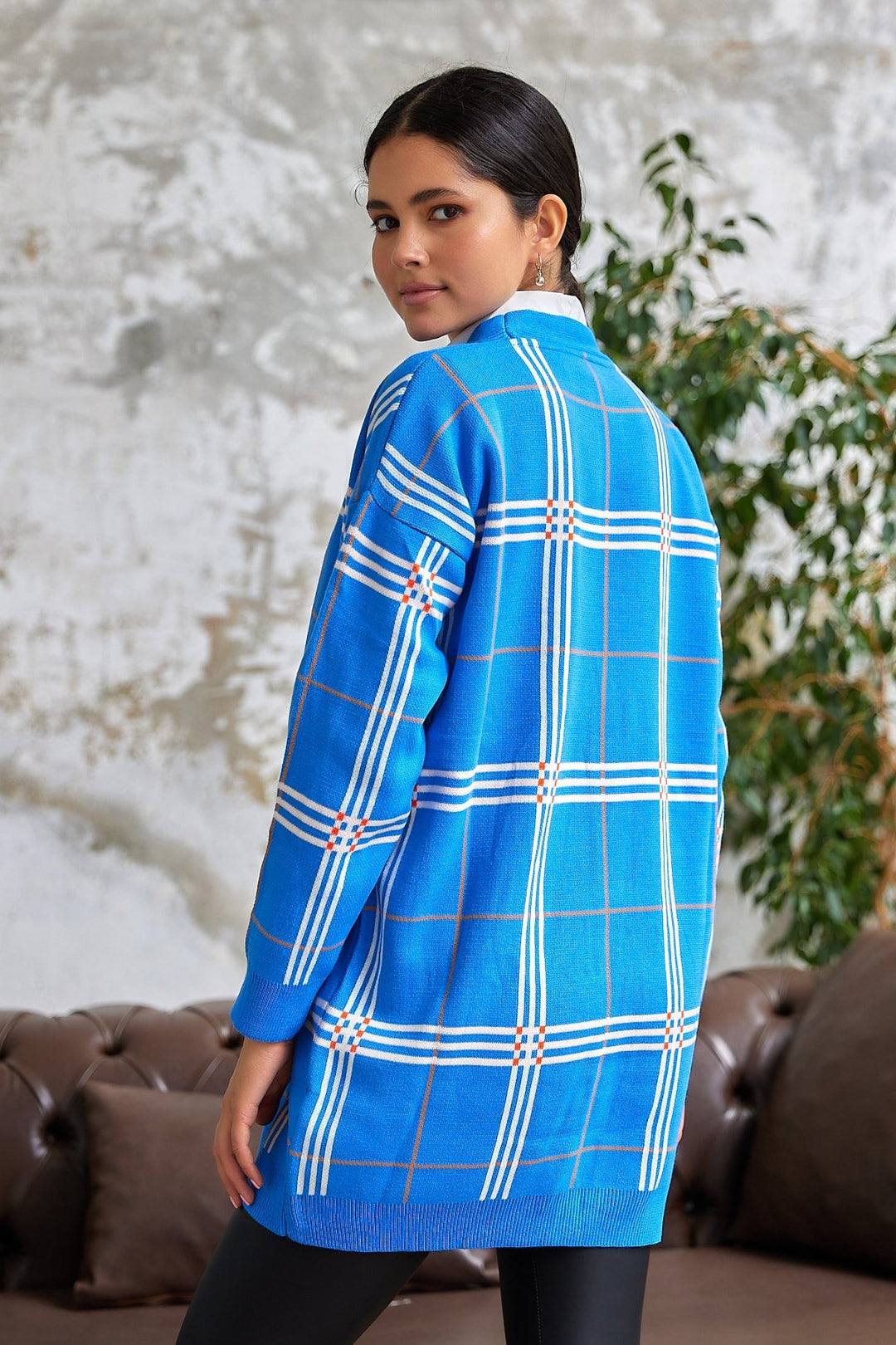 MDS Women Meri Checkered Knit Cardigan - Blue - Marinha Grande