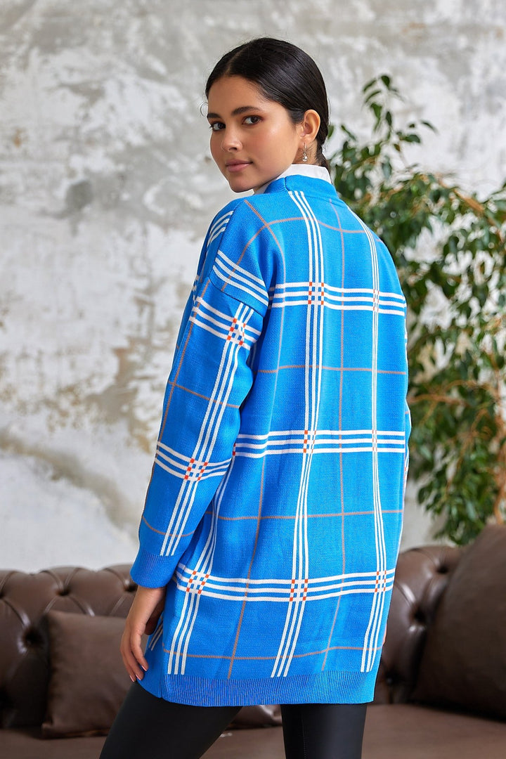 MDS Women Meri Checkered Knit Cardigan - Blue - Marinha Grande