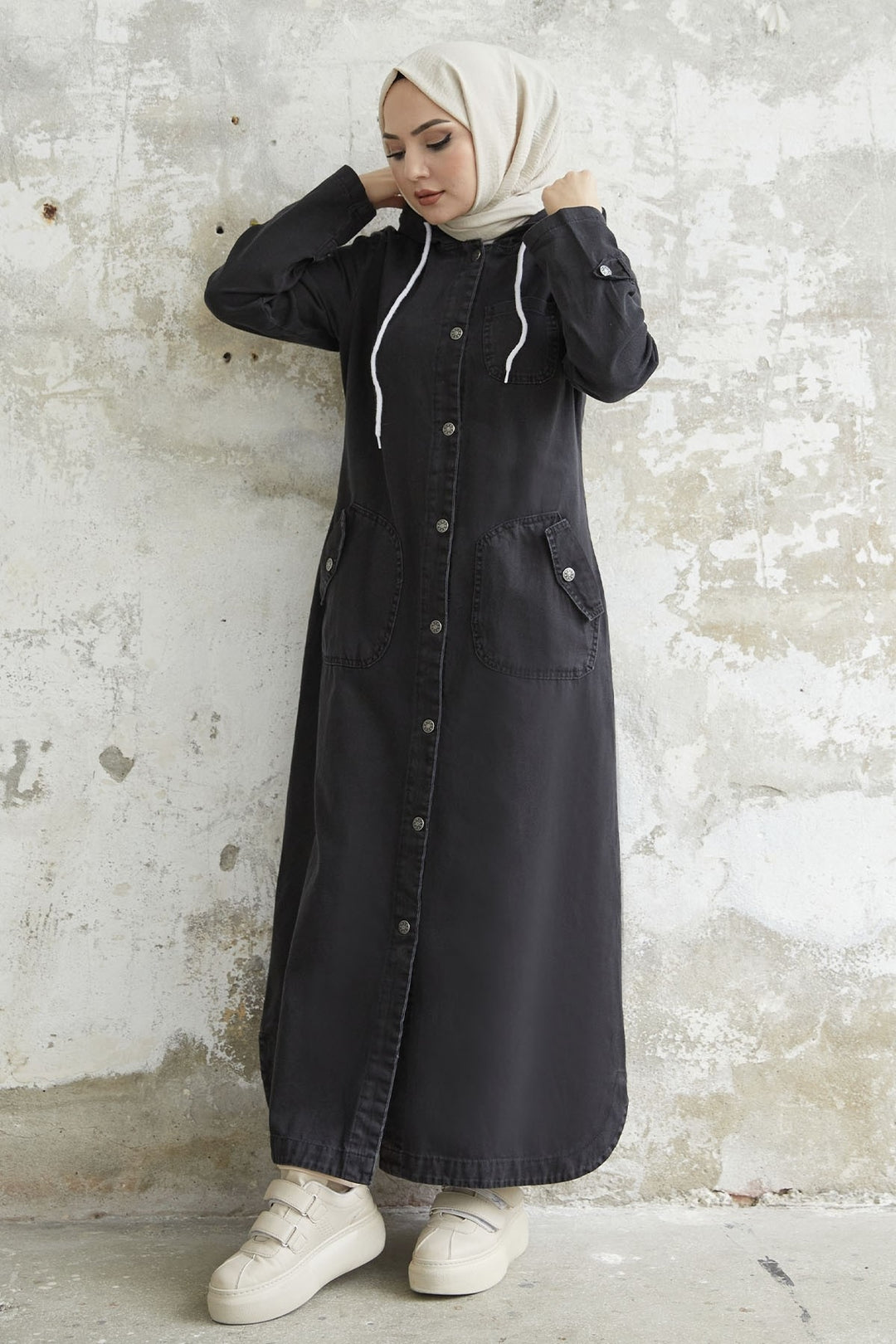 MDS Women Pocket Hooded Denim Abaya - Black - Bel Air South