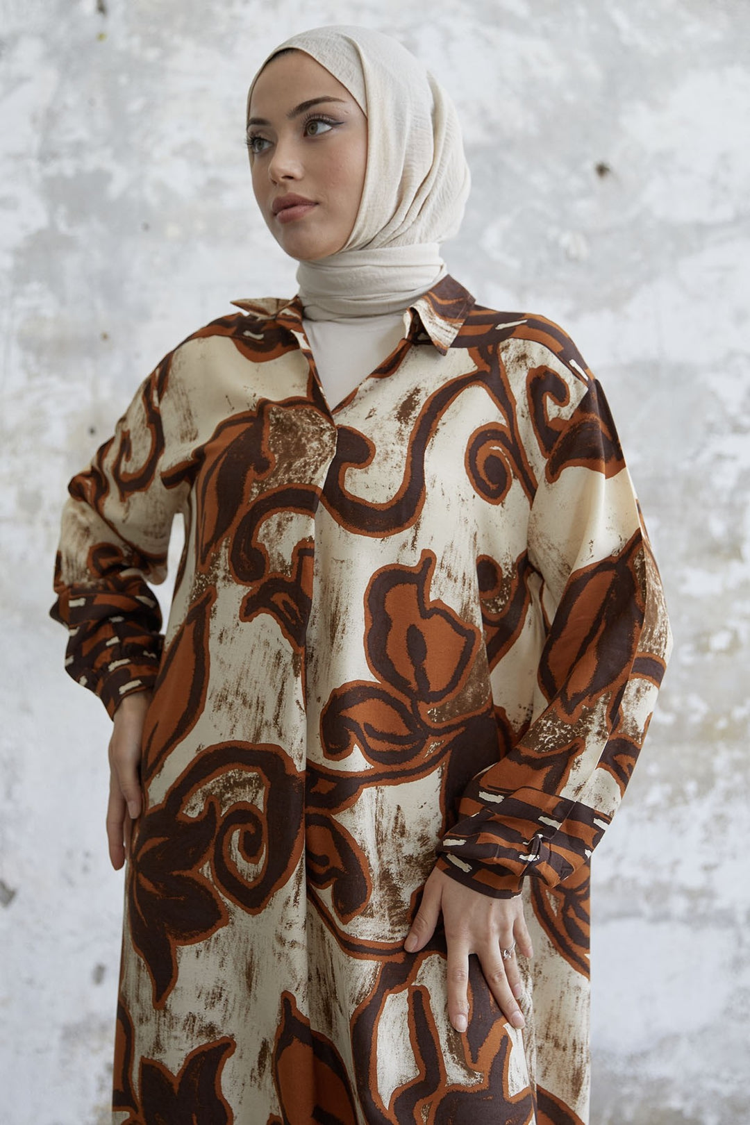 MDS Women Shirt Collar Patterned Viscose Dress - Brown - Castelldefels