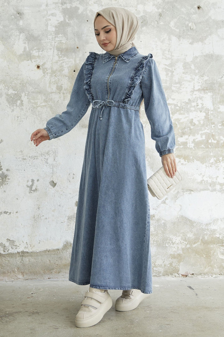 MDS Women Ruffled Detail Tunnel Belted Denim Dress - Blue - Mount Vernon
