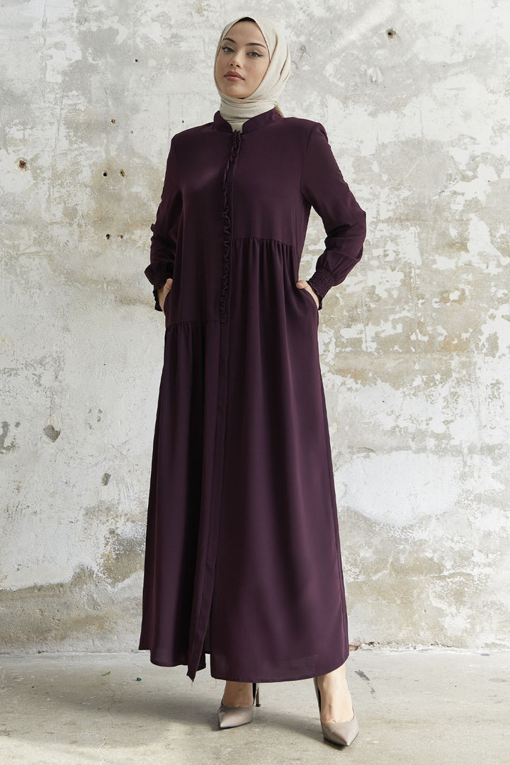 MDS Women Frill Flounce Asymmetric Cut Abaya - Purple - Amarante