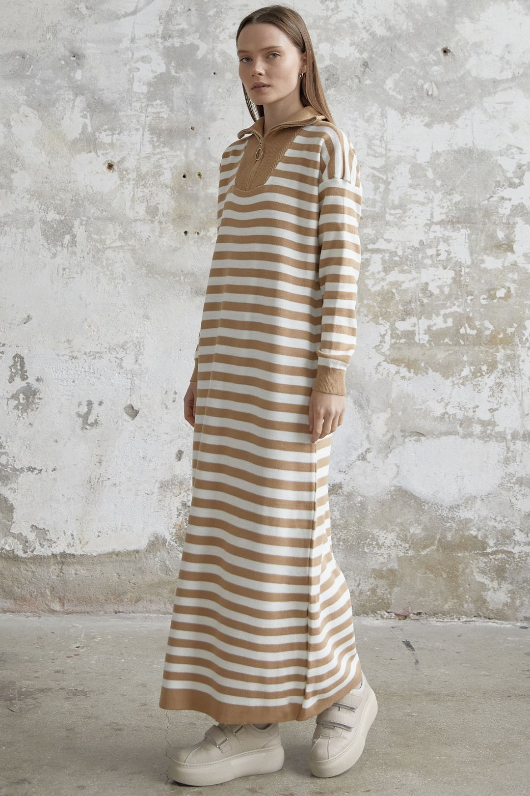 MDS Women Striped Knit Dress with Zippered Neck - Camel - Tournai