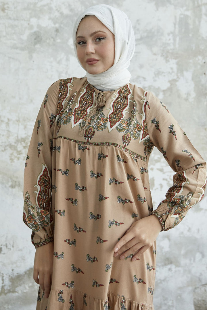 MDS Women Viscose Dress with Tie-Dye Pattern - Beige - Bath