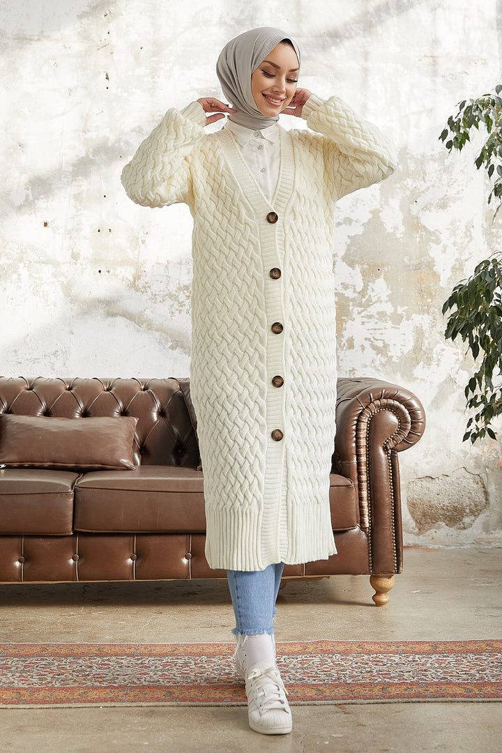 MDS Women Arene Long Braided Buttoned Cardigan - White - O Fallon