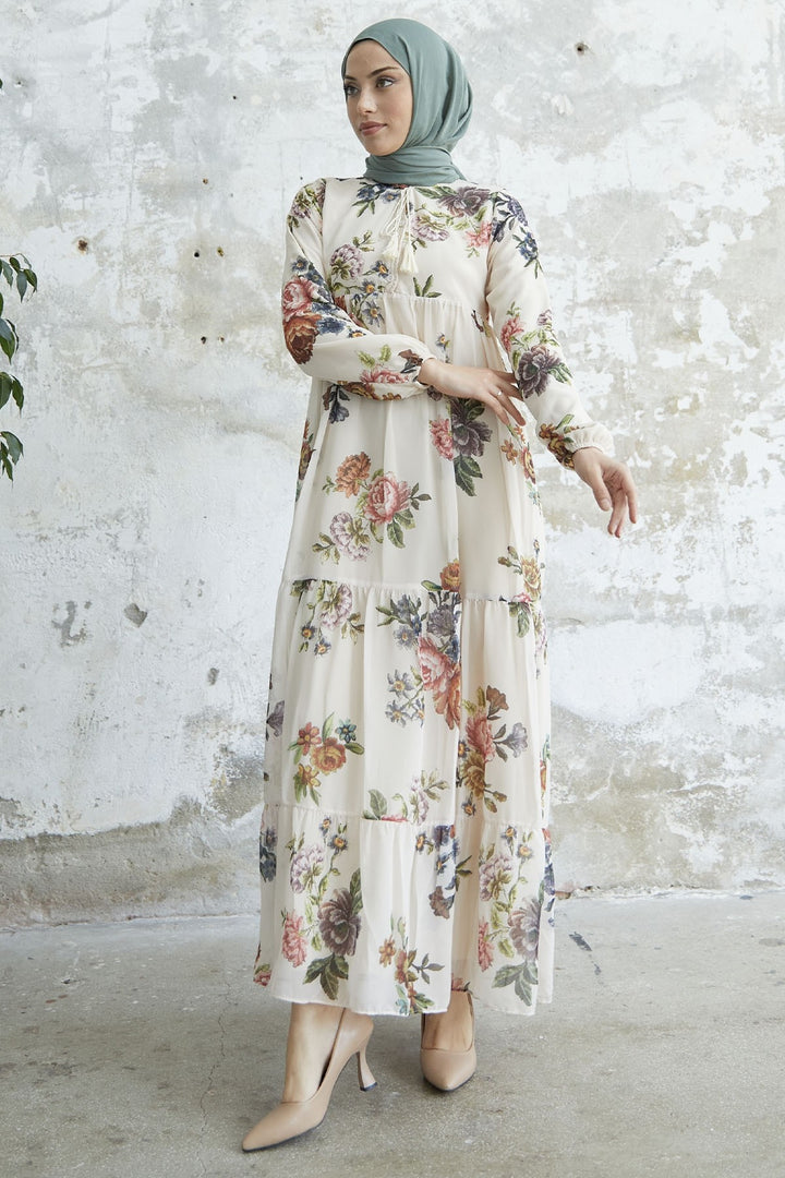 MDS Women Lace-Up Floral Chiffon Dress - Cream - Nelson