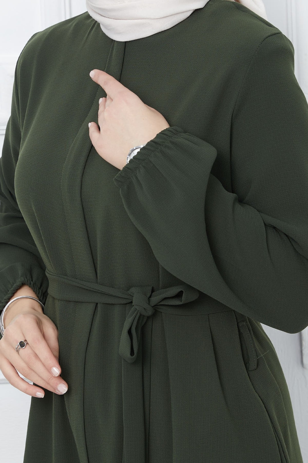 MDS Women Belted Honeycomb Fabric Abaya - Khaki - Zhytomyr