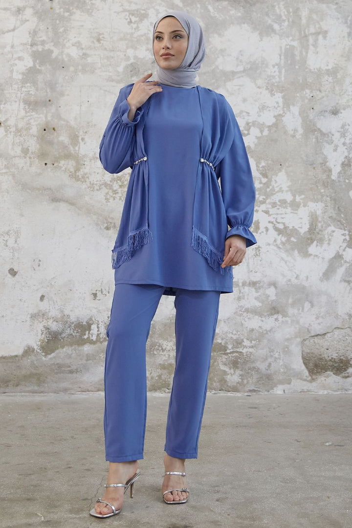 MDS Women Tassel Detail Stone Crepe Set - Indigo - Gatineau