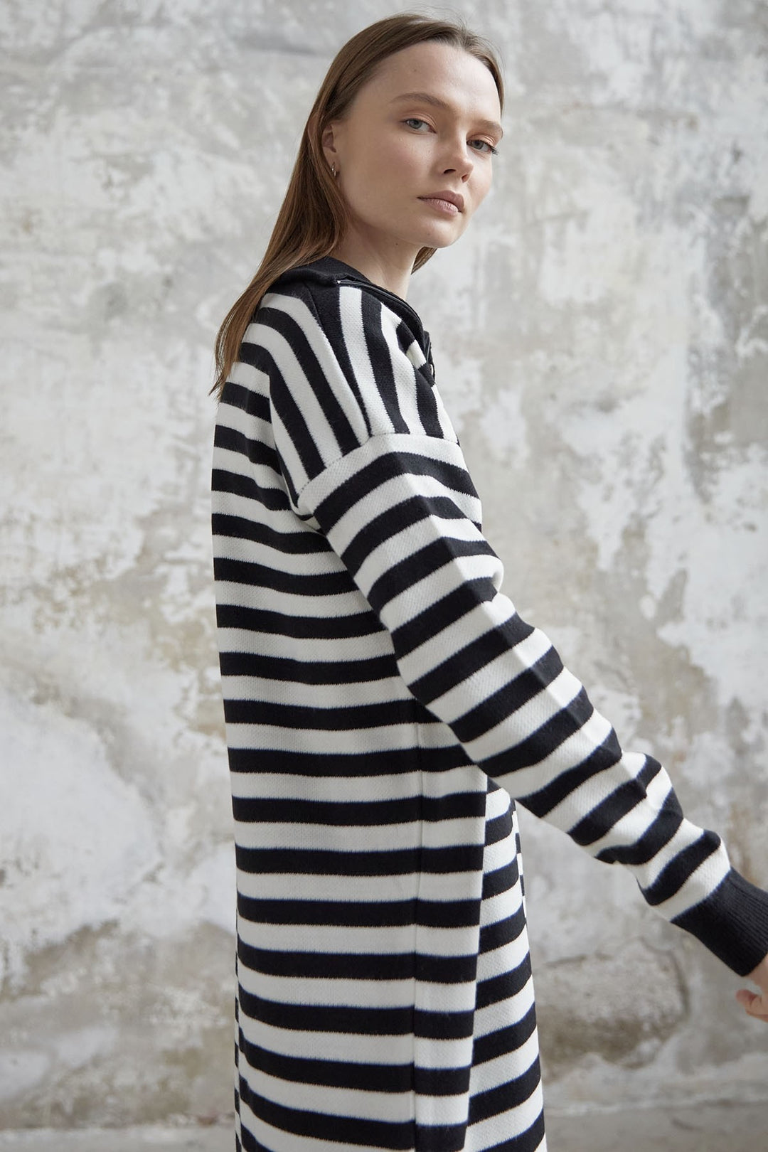 MDS Women Striped Knit Dress with Zippered Neckline - Black - Kiryas Joel