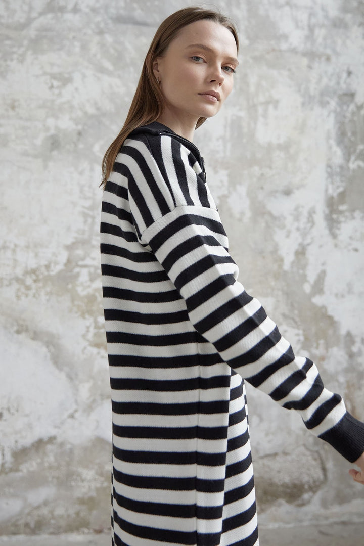 MDS Women Striped Knit Dress with Zippered Neckline - Black - Kiryas Joel
