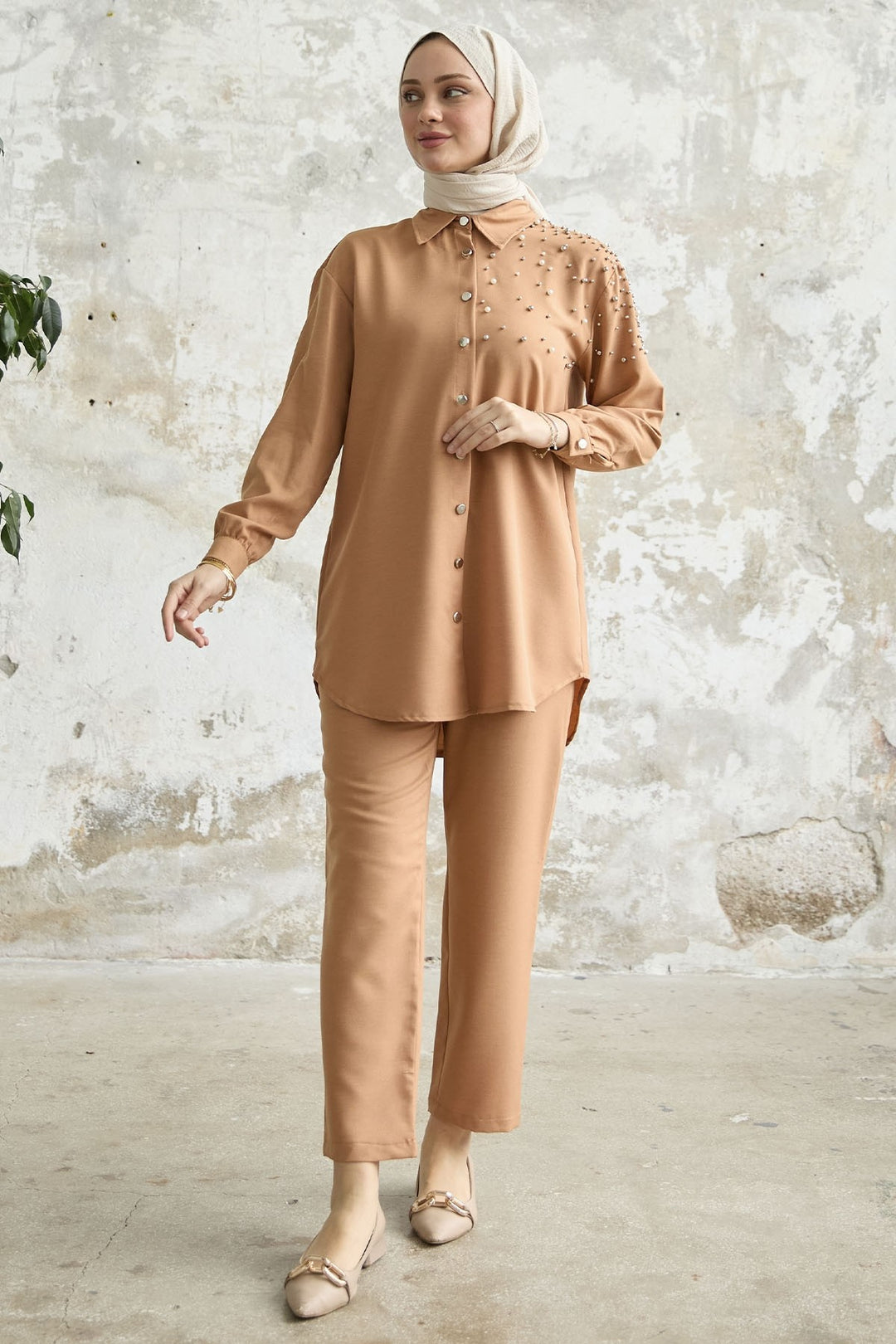 MDS Women Linen Set with Embroidery - Camel - Neuilly-sur-Seine