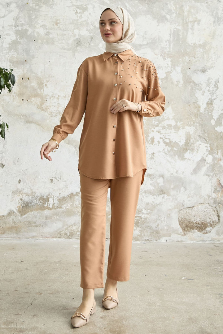 MDS Women Linen Set with Embroidery - Camel - Neuilly-sur-Seine