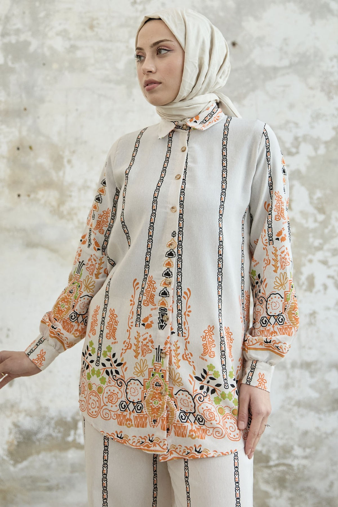 MDS Women Patterned Linen Two-Piece Set - Orange - Slough