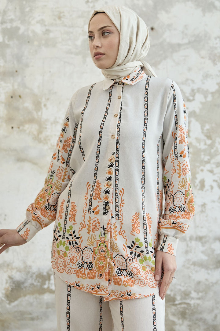 MDS Women Patterned Linen Two-Piece Set - Orange - Slough
