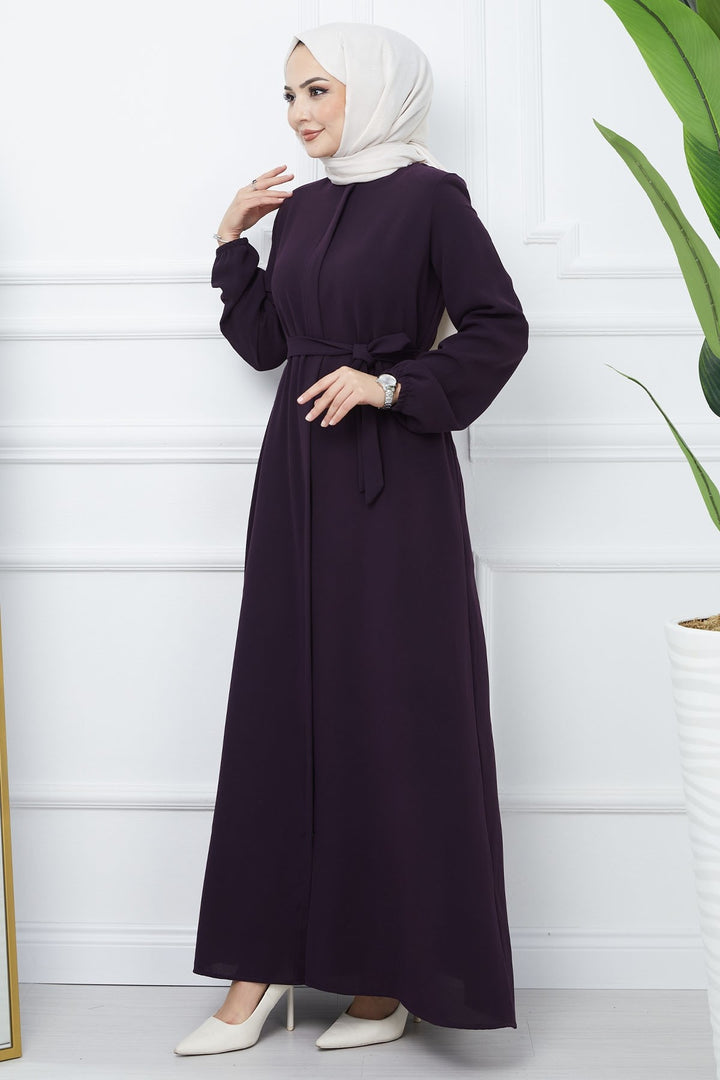 MDS Women Belted Honeycomb Fabric Abaya - Purple - Sète