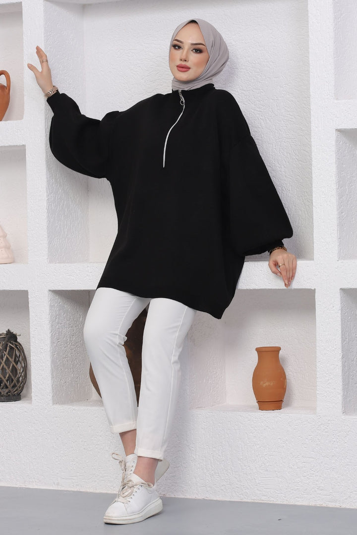 MDS Women Sara Zippered Knit Tunic - Black - Sunnyvale