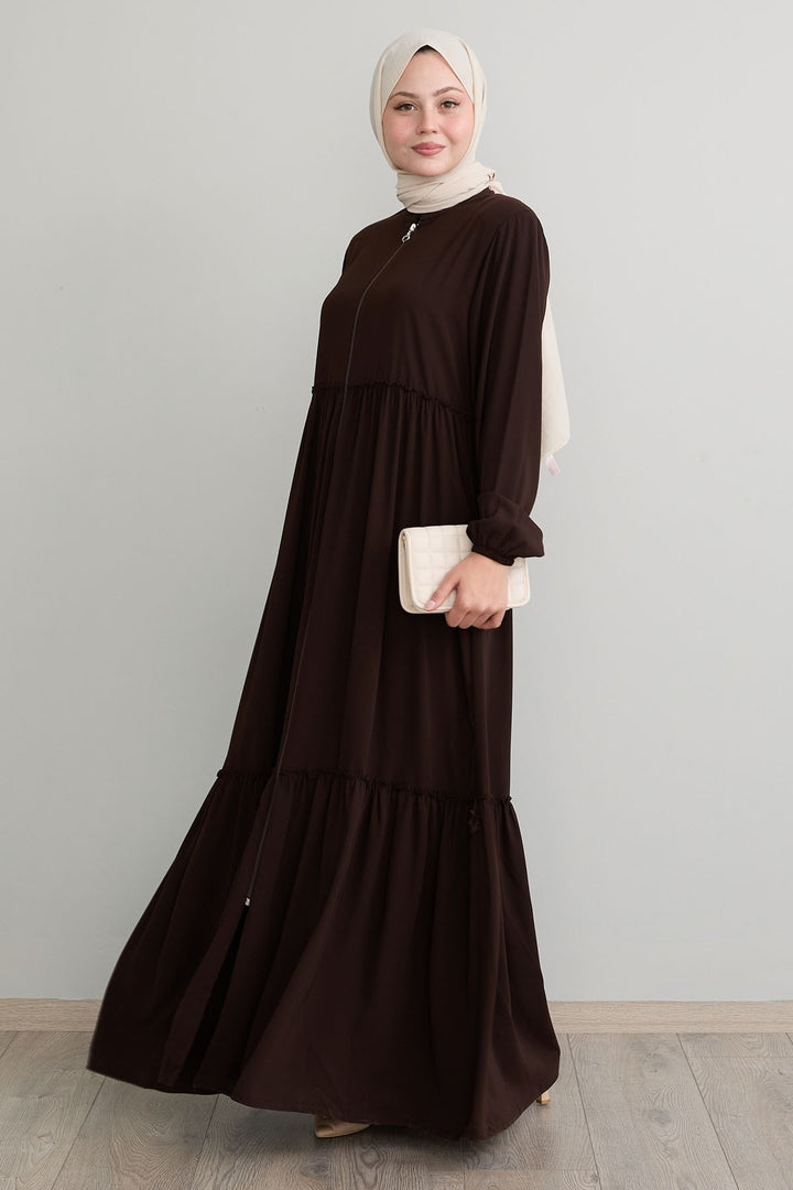 MDS Women Pleated Detail Zippered Bitter Coffee Abaya - San Francisco del Rincón