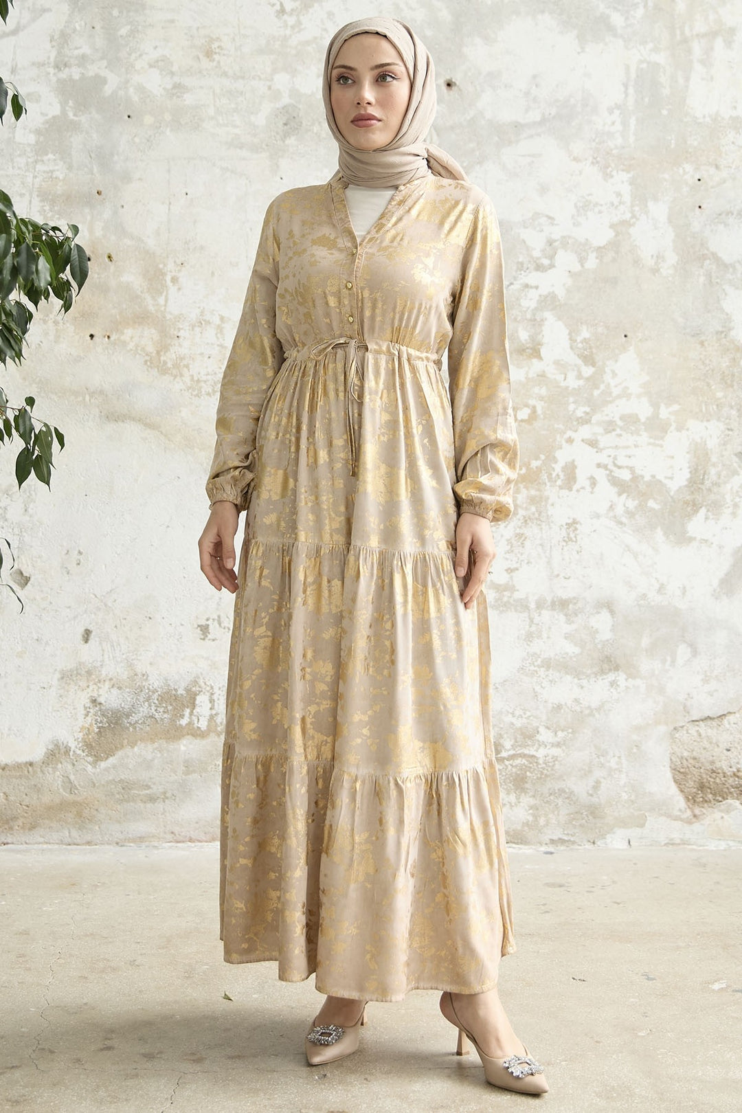 MDS Women Gold Leaf Patterned Dress - Mink - Oldham
