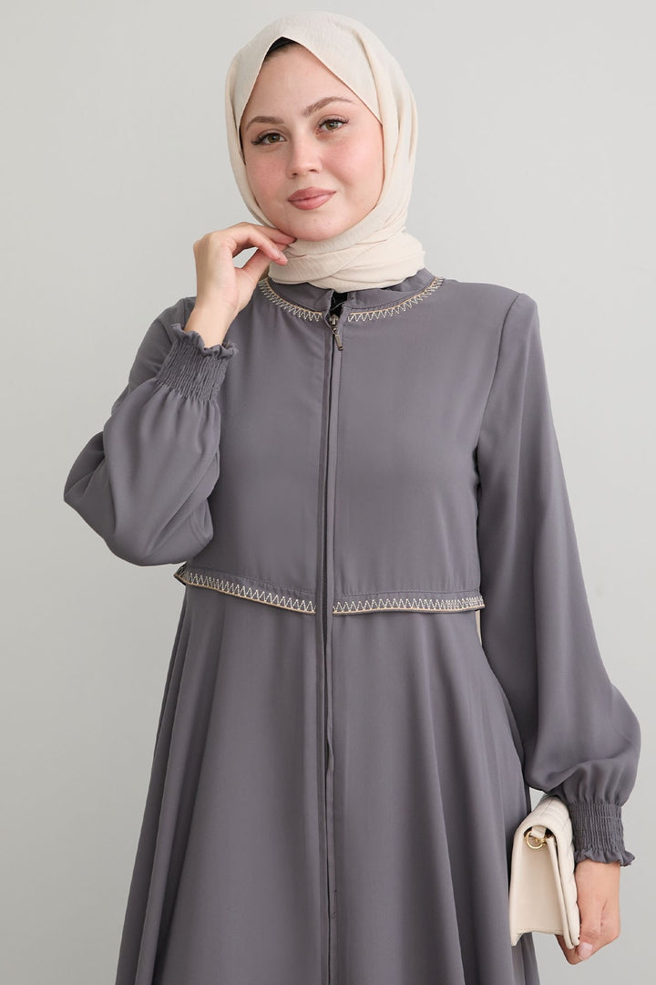 MDS Women Embroidered Mevlana Fabric Gray Ferace - Dublin