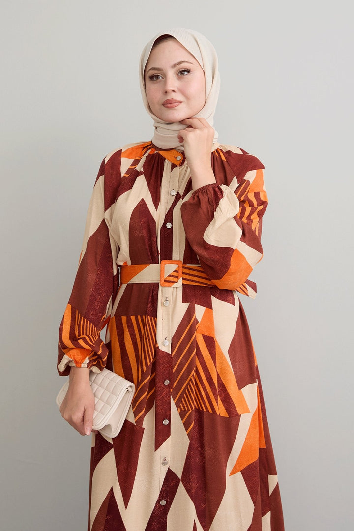 MDS Women Geometric Patterned Belted Brick Red Viscose Dress - Bellevue