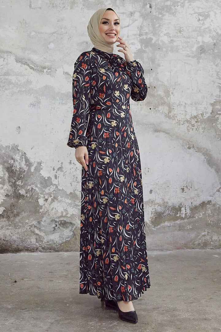 MDS Women Seba Flower Patterned Satin Dress with Ruffle - Black - New Plymouth