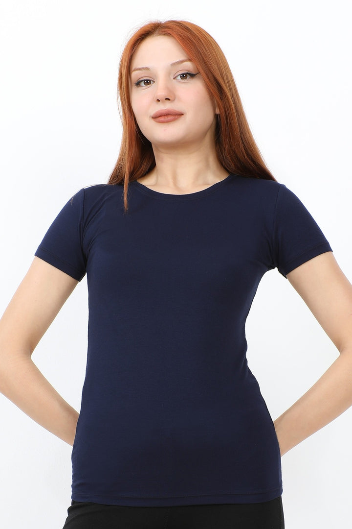 MDS Women Bicycle Collar Short Sleeve Basic T-Shirt - Navy - Stamford