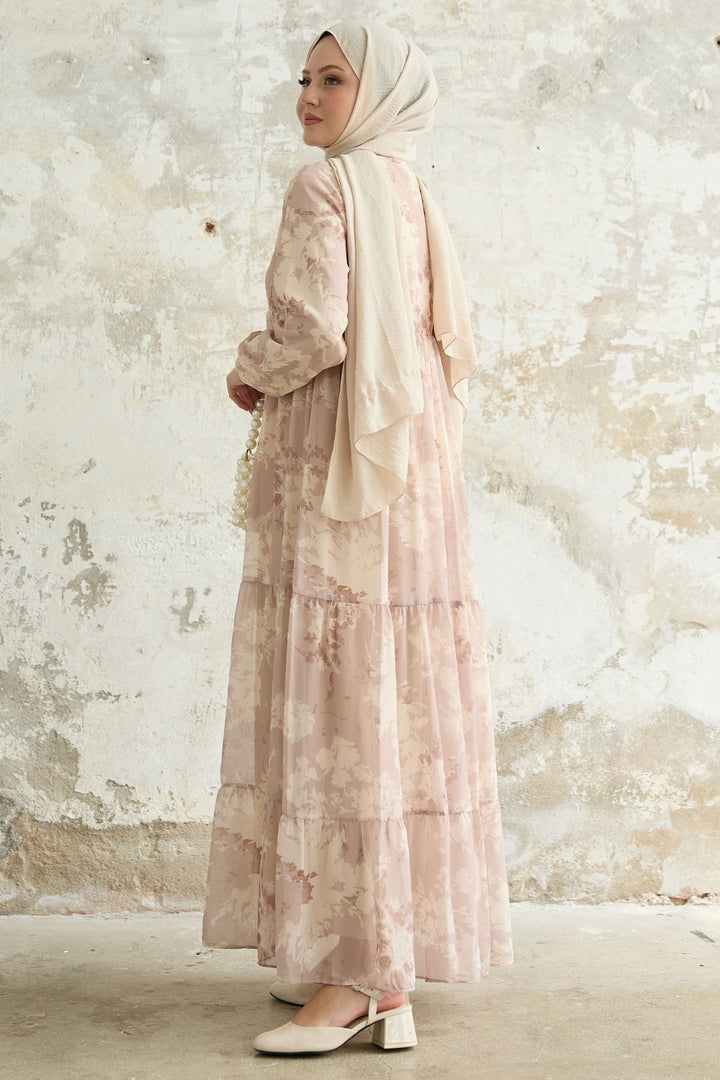 MDS Women Beige Chiffon Dress with Leaf Pattern and Tassels at the Front - Neunkirchen