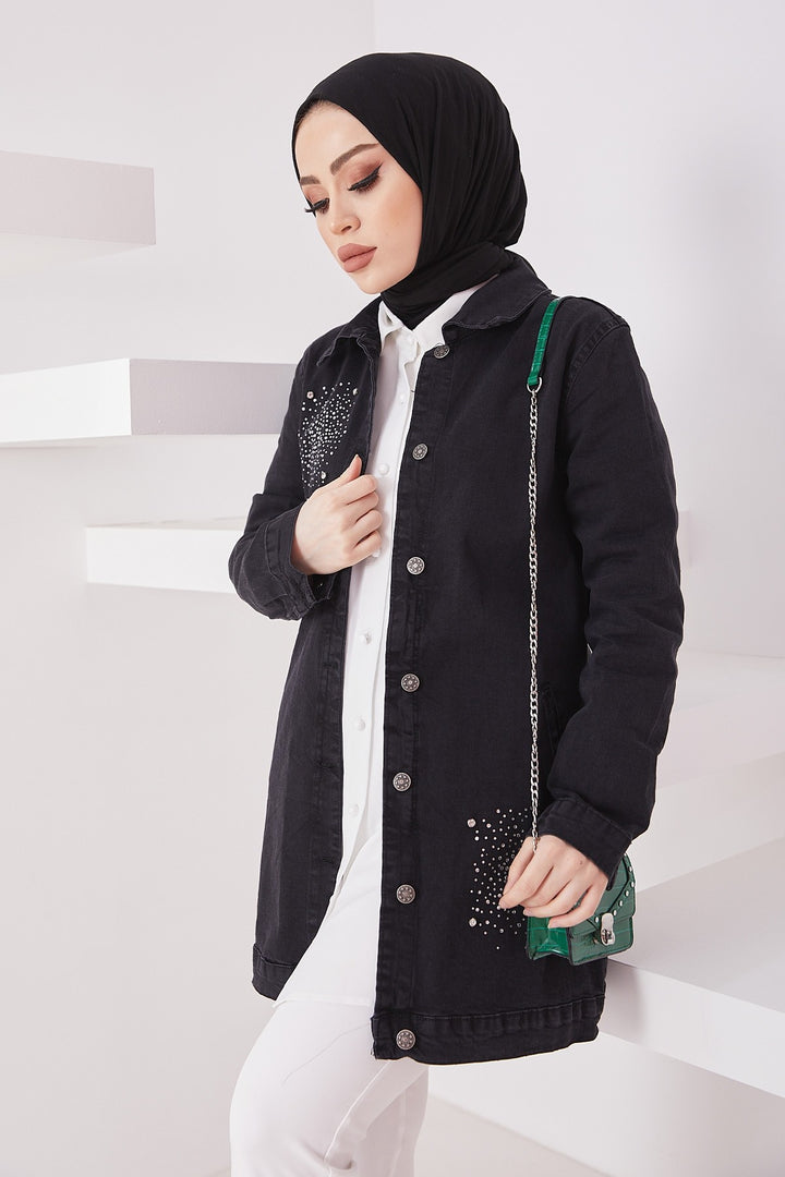 MDS Women Pearl Detailed Denim Jacket - Black - Córdoba