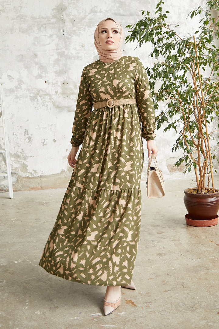 MDS Women Rena Straw Belted Patterned Dress - Khaki - Dewsbury