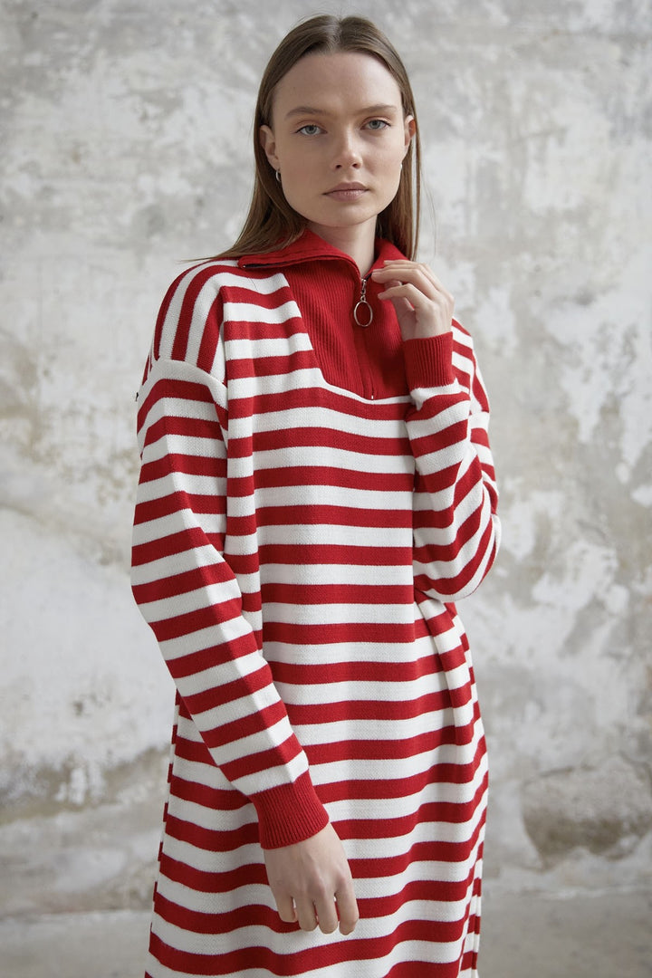 MDS Women Striped Knit Dress with Zippered Neckline - Red - Bellevue