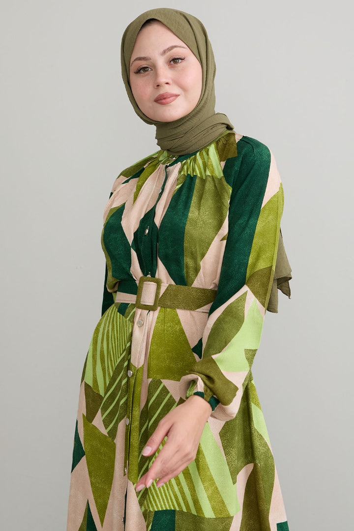 MDS Women Geometric Patterned Belted Khaki Viscose Dress - Palenque