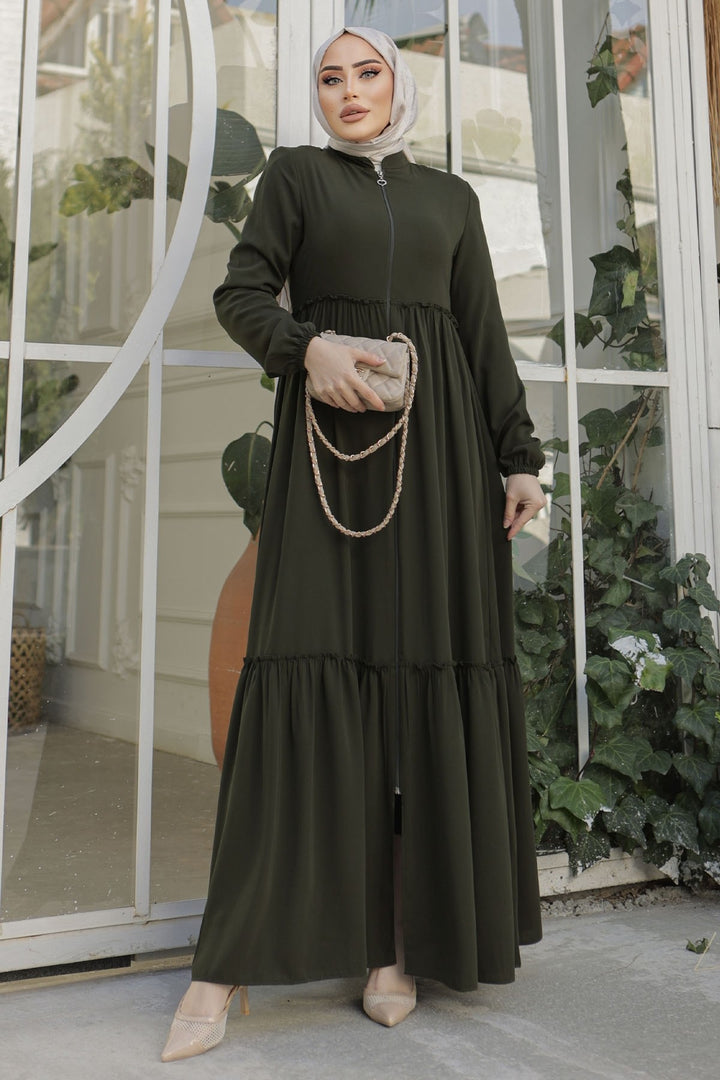MDS Women Pleated Detail Zippered Abaya - Khaki - Orange
