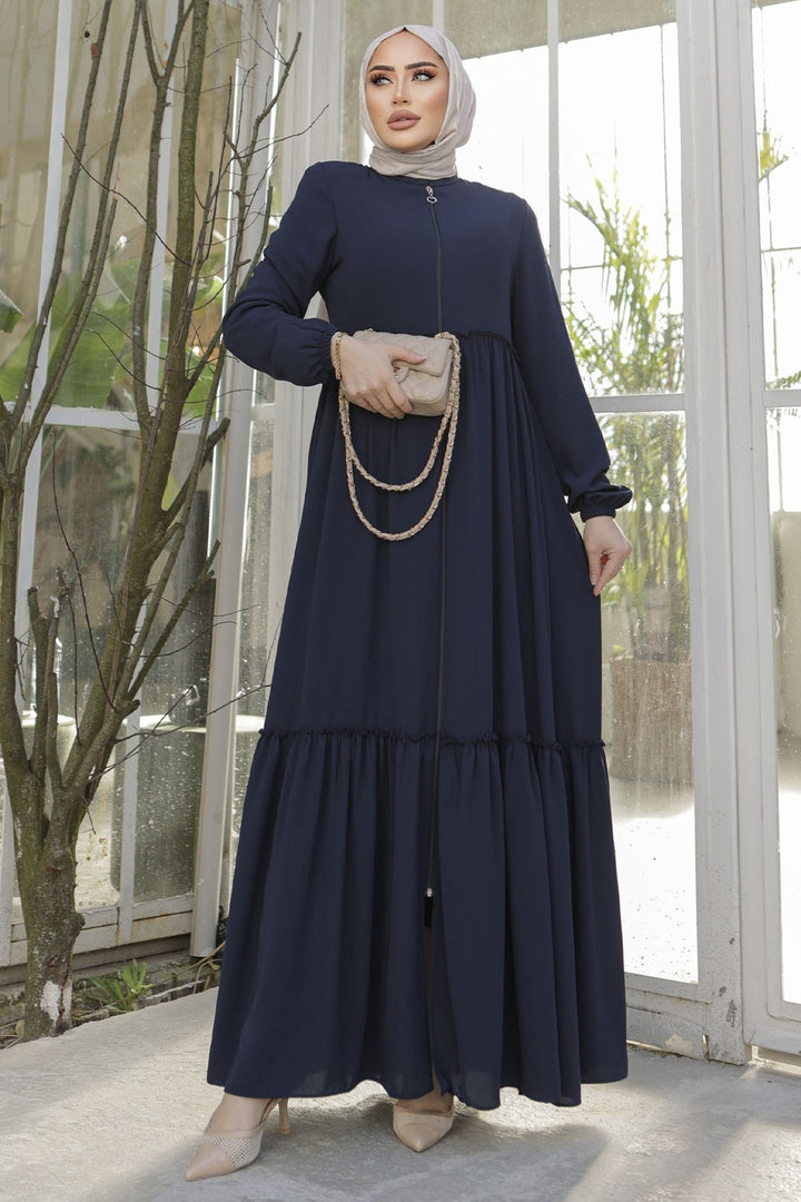MDS Women Pleated Detail Zippered Abaya - Navy Blue - Saratoga Springs