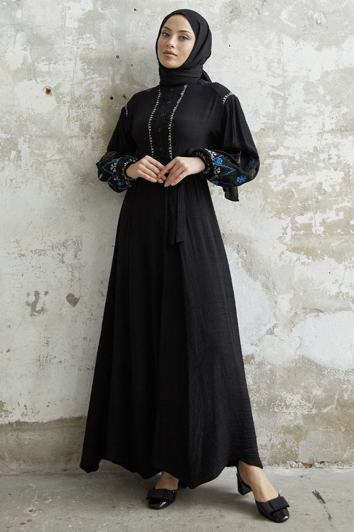 MDS Women Waffle Dress with Embroidered Sleeve - Black - Golden Glades