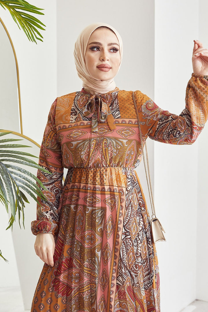 MDS Women Elinor Shawl Patterned Chiffon Dress - Mustard - Tonalá