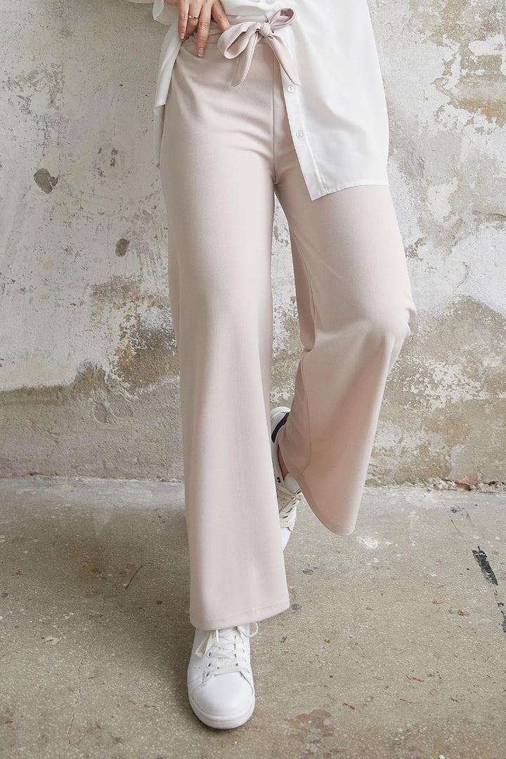 MDS Women High Waisted Wide Leg Scuba Pants - Stone - Brugherio