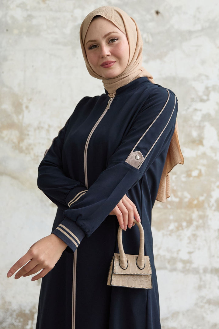 MDS Women Navy Blue Abaya with Half Collar and Striped Cuff - Owings Mills